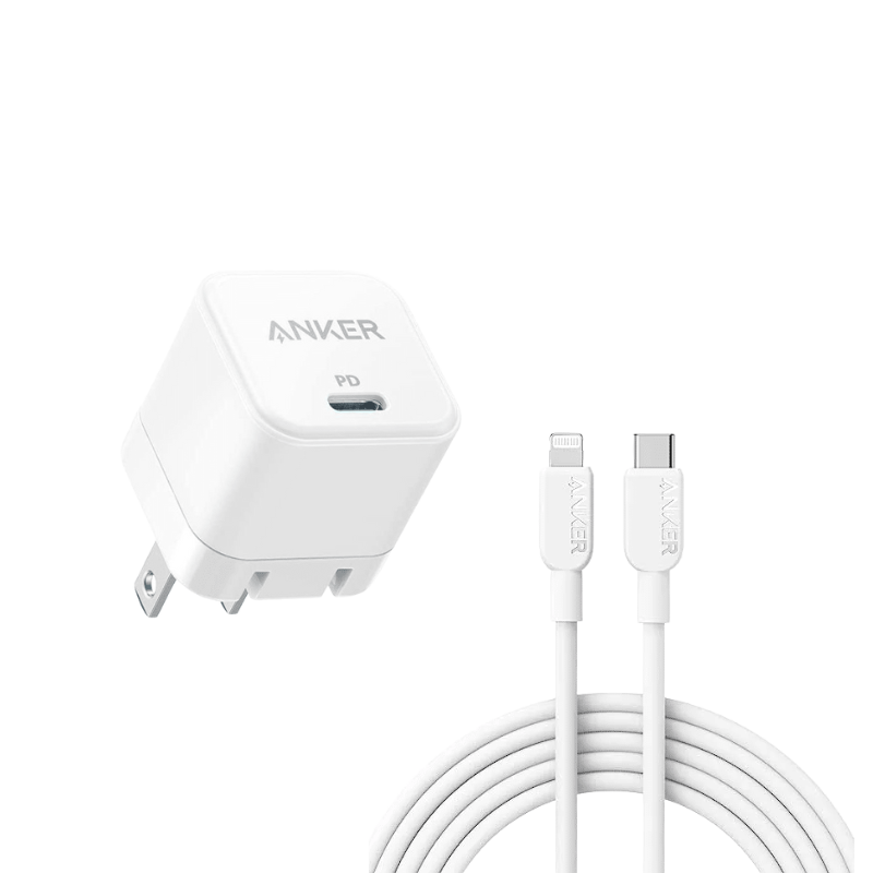 White Anker PowerPort USB-C charger with white USB-C to Lightning cable