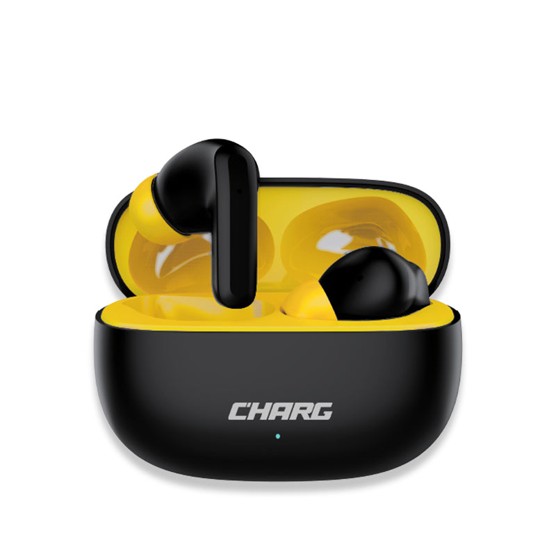 CHARG BASS TWS Earbuds with open charging case - yellow and black
