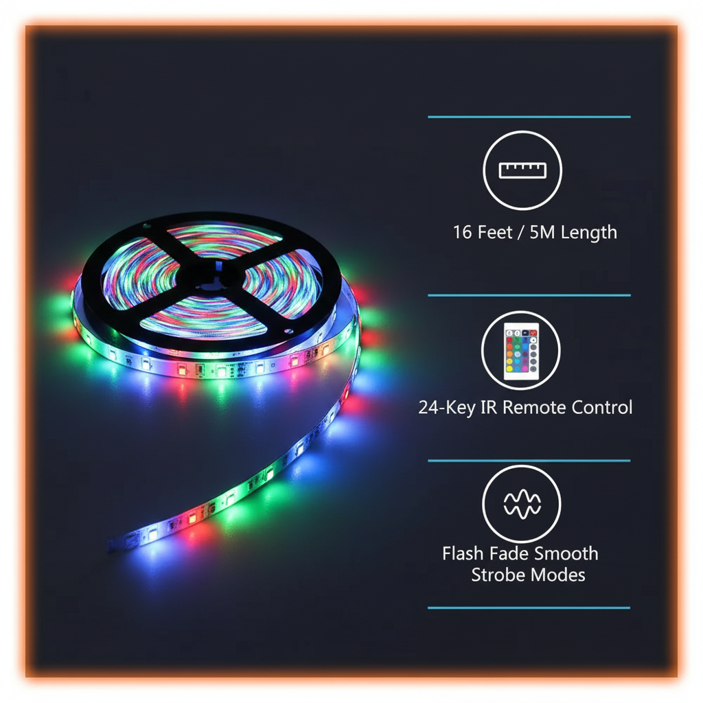 RGB LED Strip Key Features - 16 Feet 24-Key Remote Flash Fade Smooth