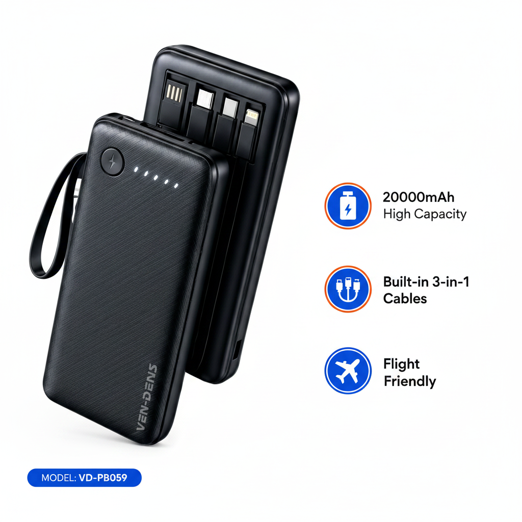VEN-DENS VD-PB059 Key Features - 20000mAh 3-in-1 Cable Flight Safe