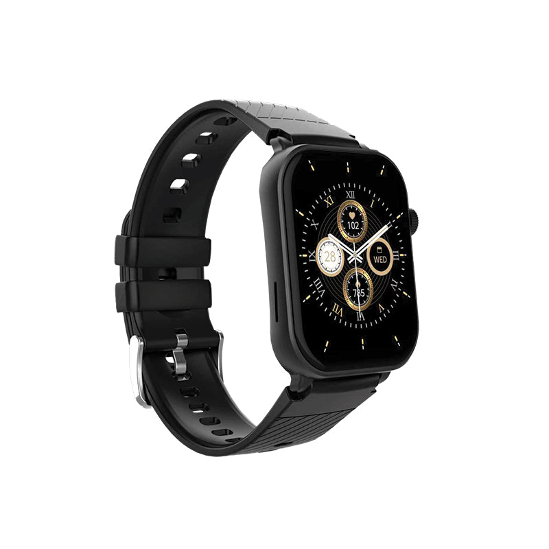 CHARG Fusion AMOLED Smartwatch - black with silicone band, angled view