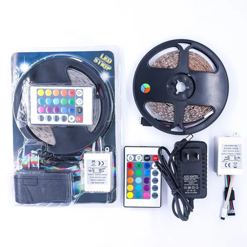 RGB LED Strip Light - Unboxing Flat Lay Remote Controller Adapter Blister Pack