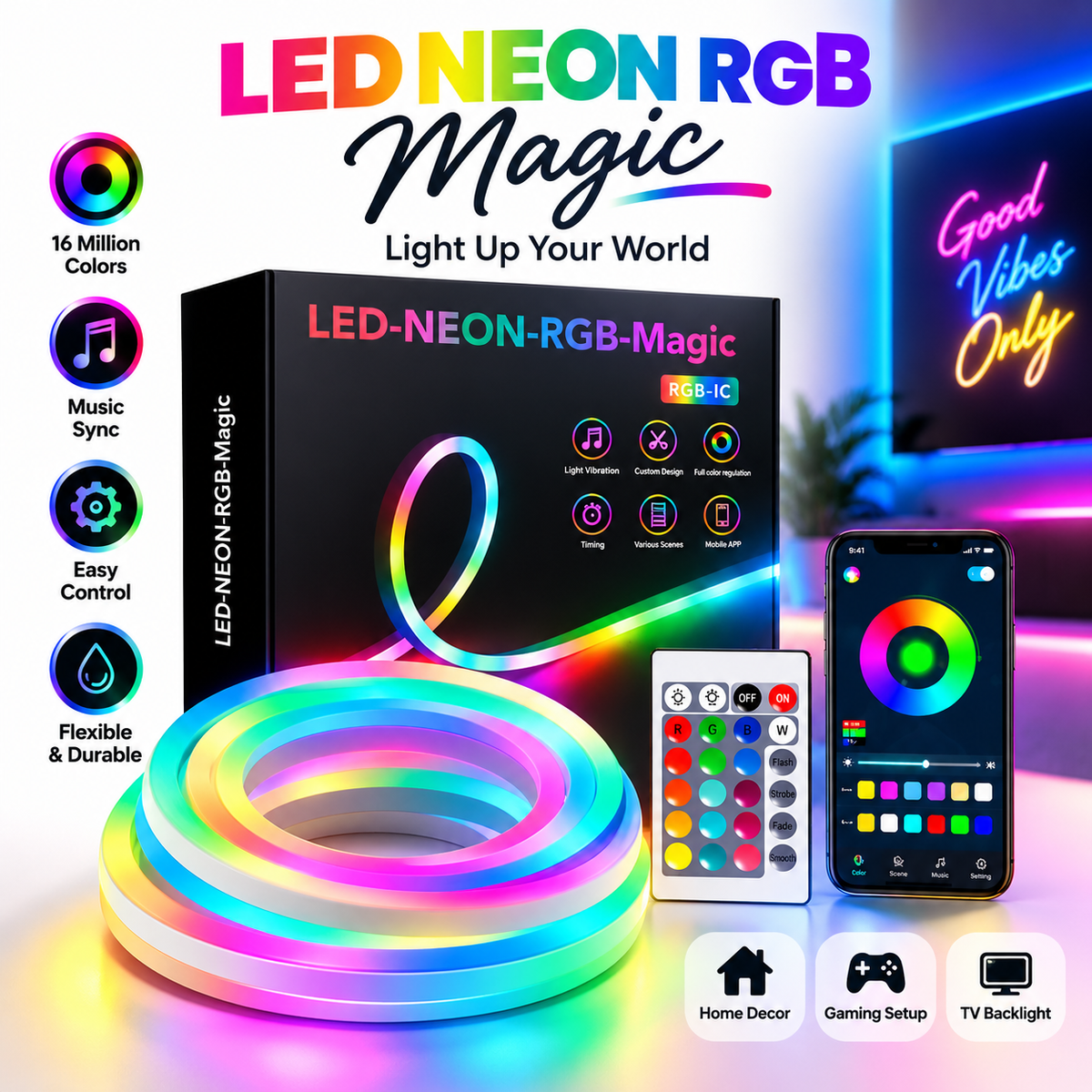 LED Neon RGB Magic Strip Light - Red Glow Coiled on Box